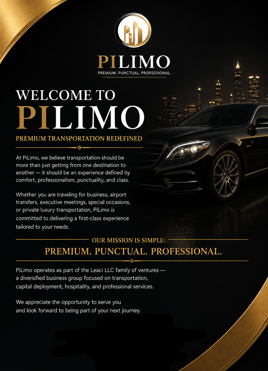 Welcome to PiLimo — Premium Transportation Redefined. At PiLimo, transportation is more than getting from one destination to another — it's an experience defined by comfort, professionalism, punctuality, and class. Whether you're traveling for business, airport transfers, executive meetings, special occasions, or private luxury transportation, PiLimo delivers a first-class experience tailored to your needs. PiLimo operates as part of the Leaci LLC family of ventures, a diversified business group focused on transportation, capital deployment, hospitality, and professional services.
